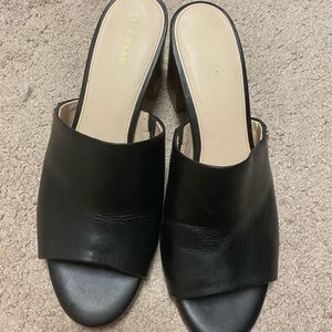 Black leather women’s Cole Haan peep toe block heel